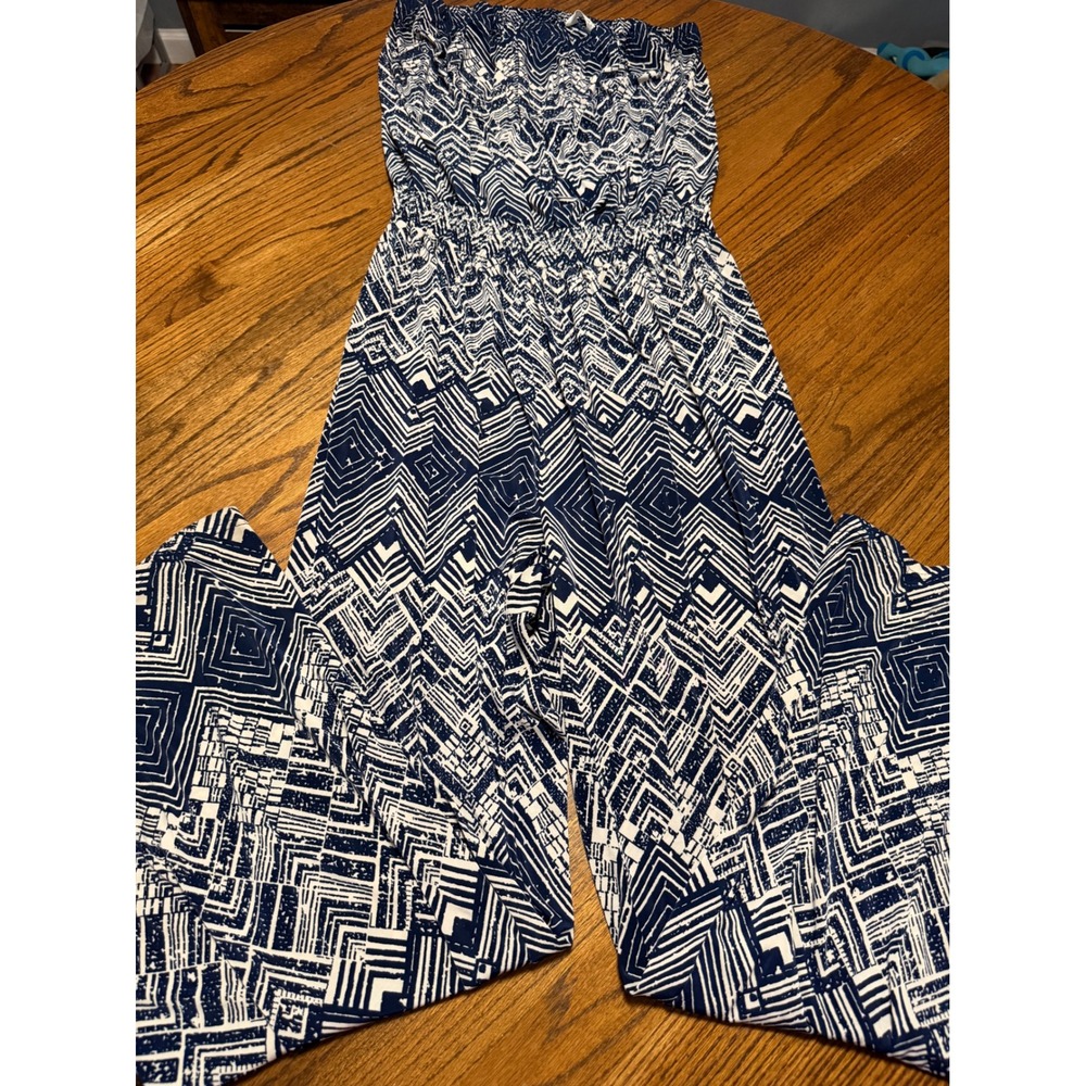 Mlle Gabrielle Navy White Geometric Strapless Wide Leg Jumpsuit Womens 2X